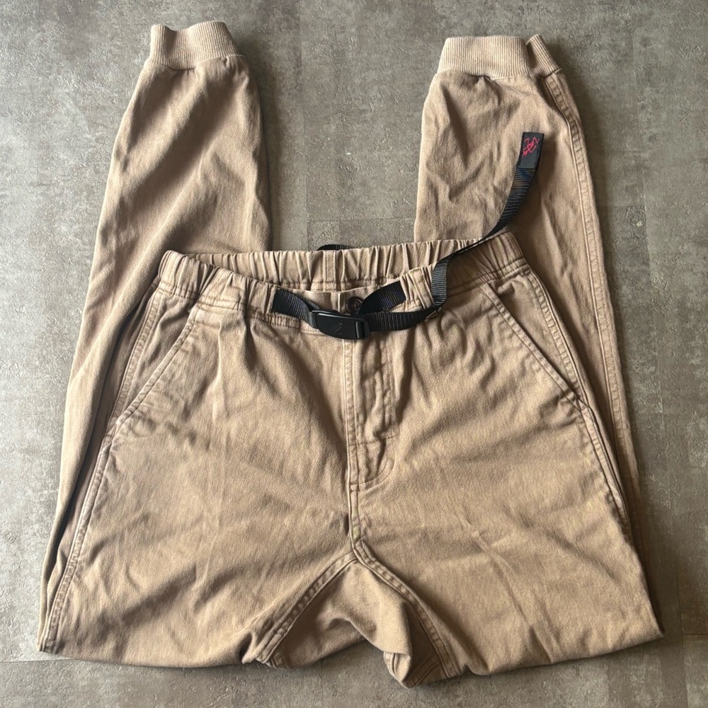 Men's Tan Jogger Pants with Integrated Webbing Belt